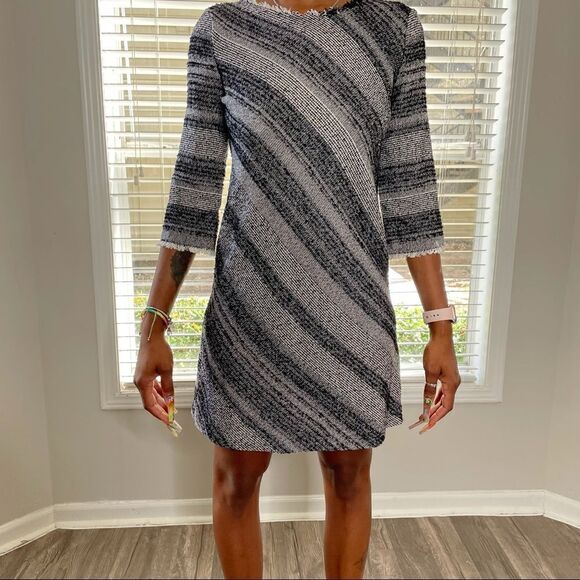 ZARA Gray Basic Medium Knit Black Stripes 3/4 Sleeves Dress - Picture 5 of 15